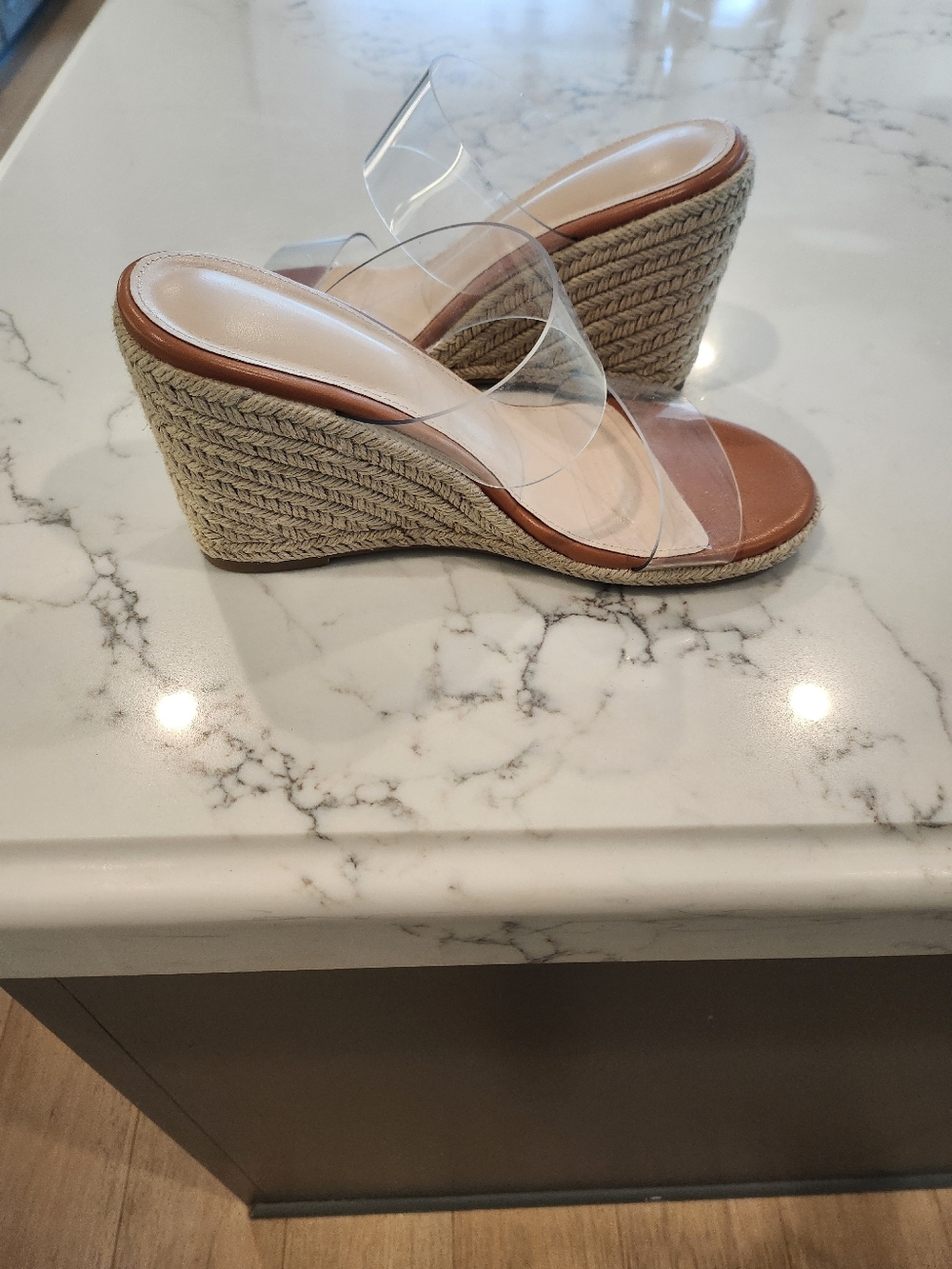 Clear Strap Espadrille Wedge Sandals With Cushioned Footbed, 7.5,Like New